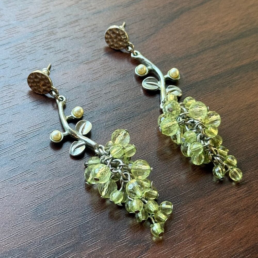 Grape Cluster Drop Earrings in Silver Tone and Green